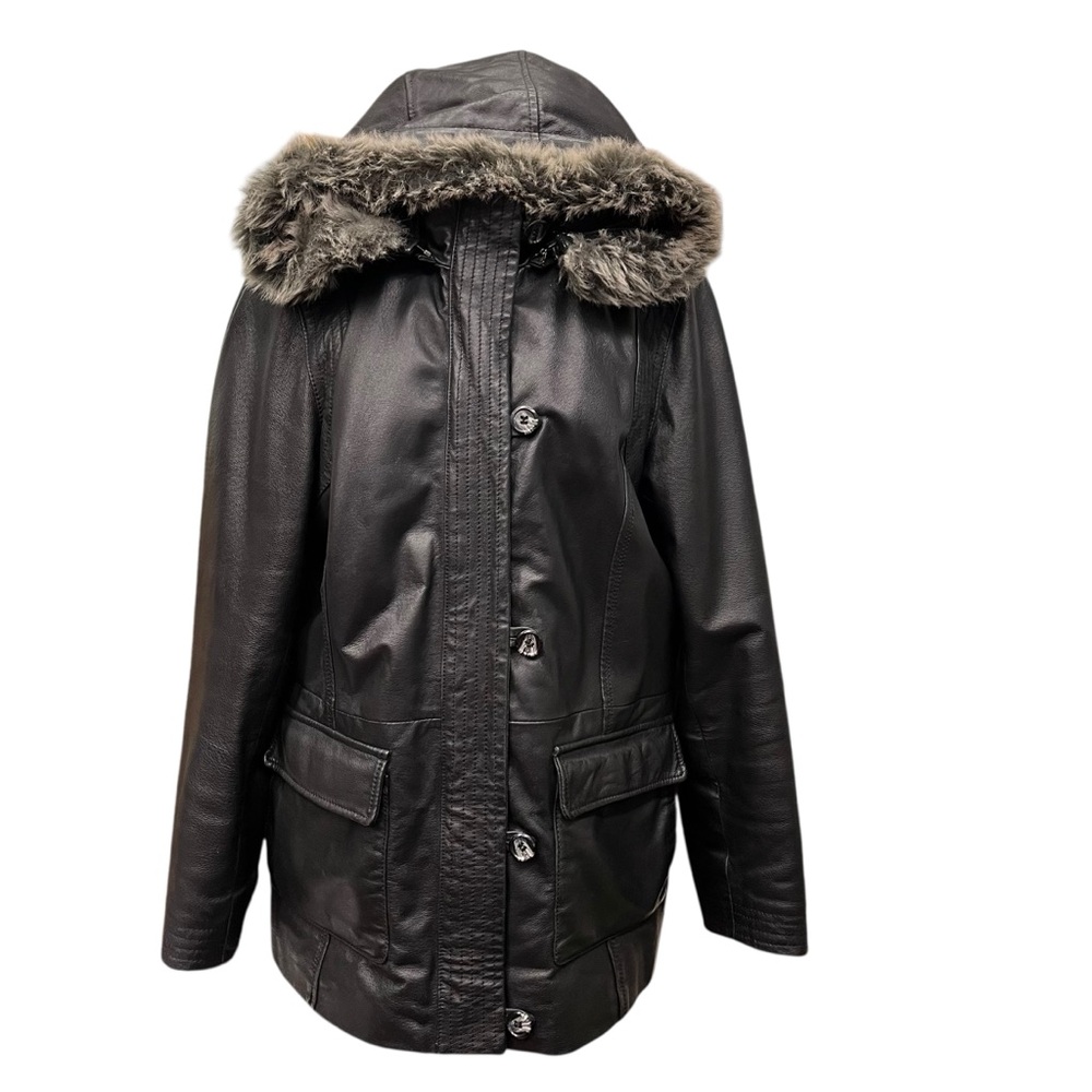Women's Black Faux Fur Hooded Leather Jacket